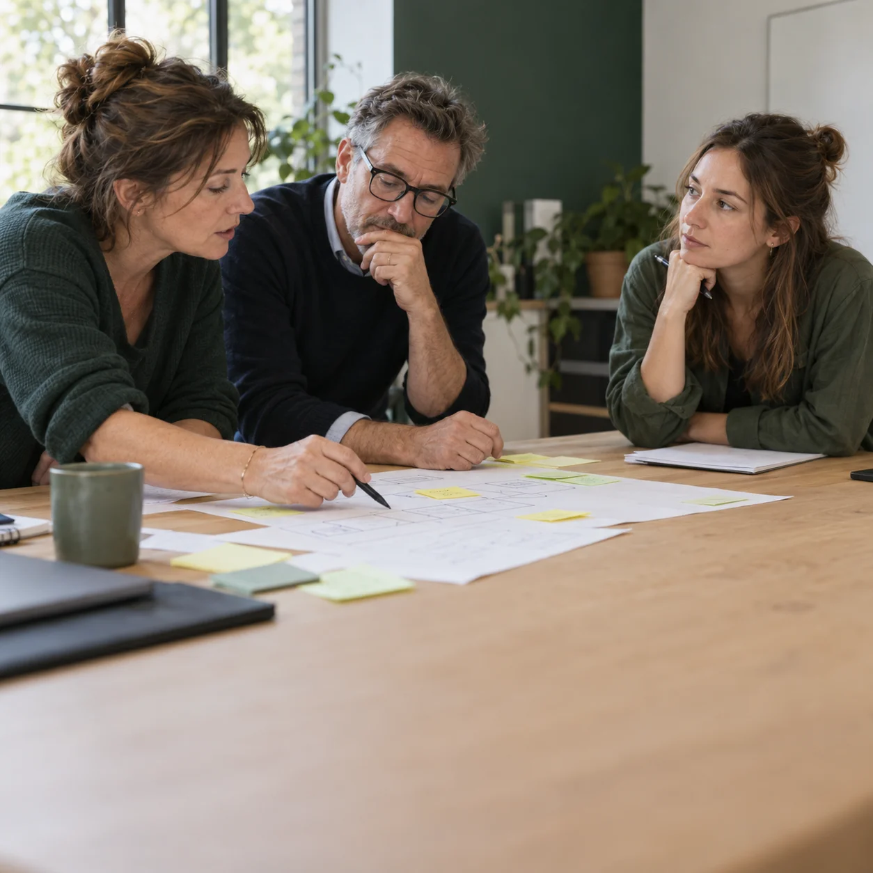 Illustration générée par IA : une équipe de direction cartographie ses processus autour d’une table.