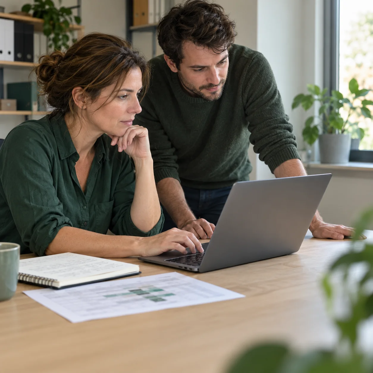 Illustration générée par IA : une responsable et un formateur construisent un outil métier sur ordinateur.