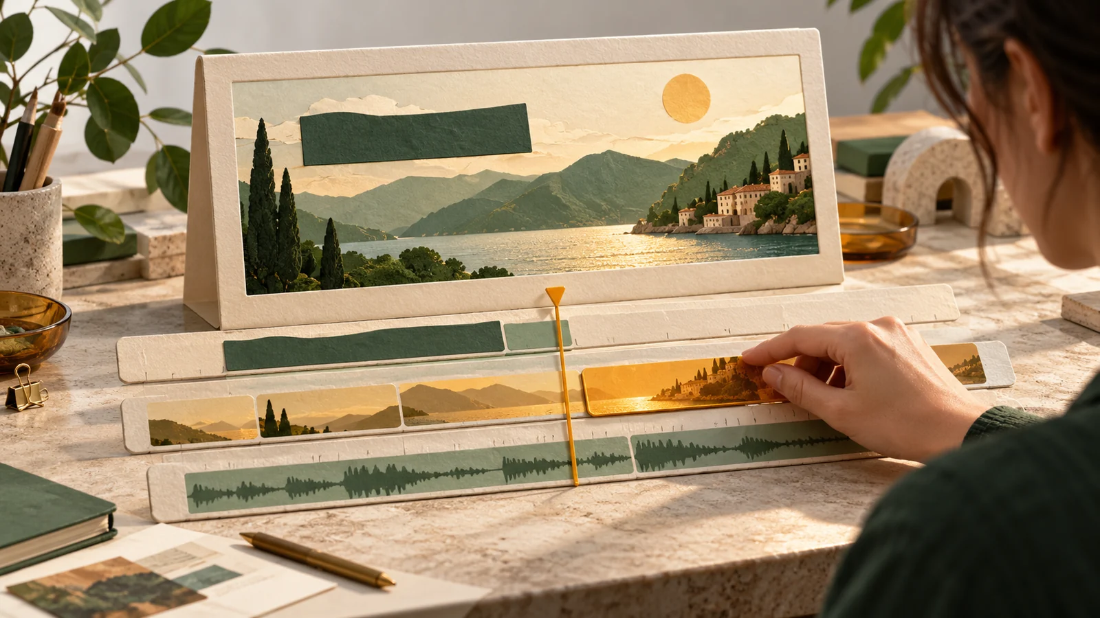 Une main ajuste une piste temporelle sous un canevas vidéo en papier.