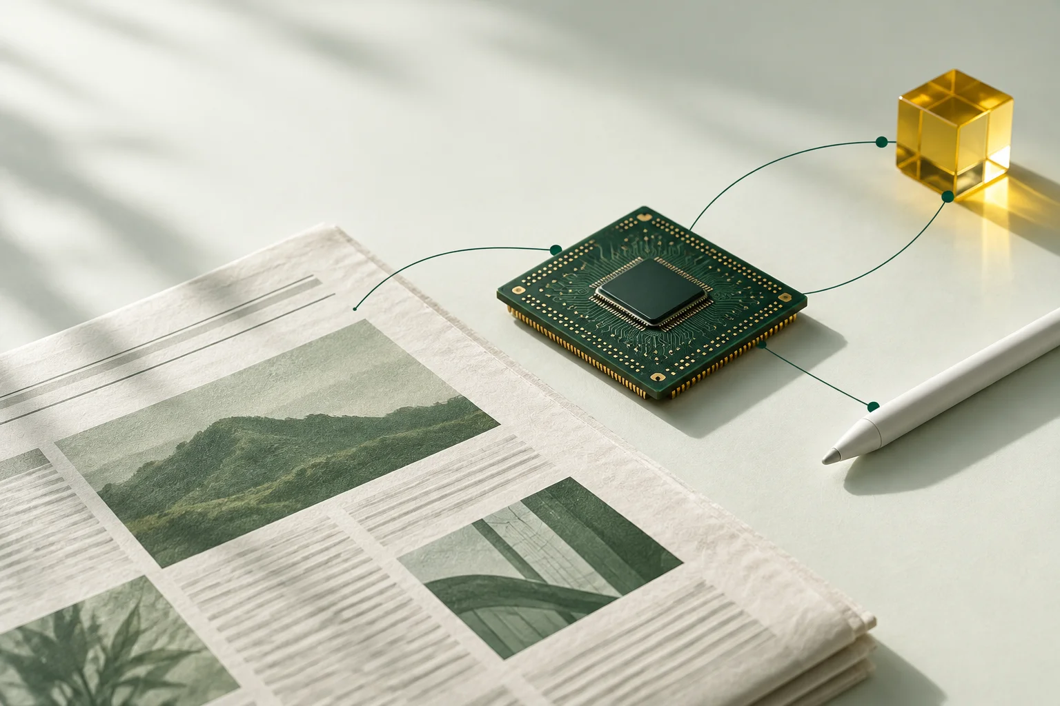 Illustration éditoriale : un journal, une puce verte, un stylet et un cube jaune reliés par des lignes.